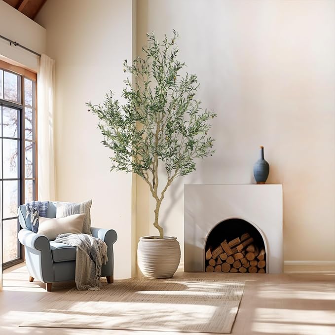 Nafresh Tall Faux Olive Tree,9ft(108in) Realistic Potted Silk Artificial Olive Tree, Fake Olive Trees Indoor with Green Leaves and Big Fruits for Home Office Living Room Stairs Patio Decor.