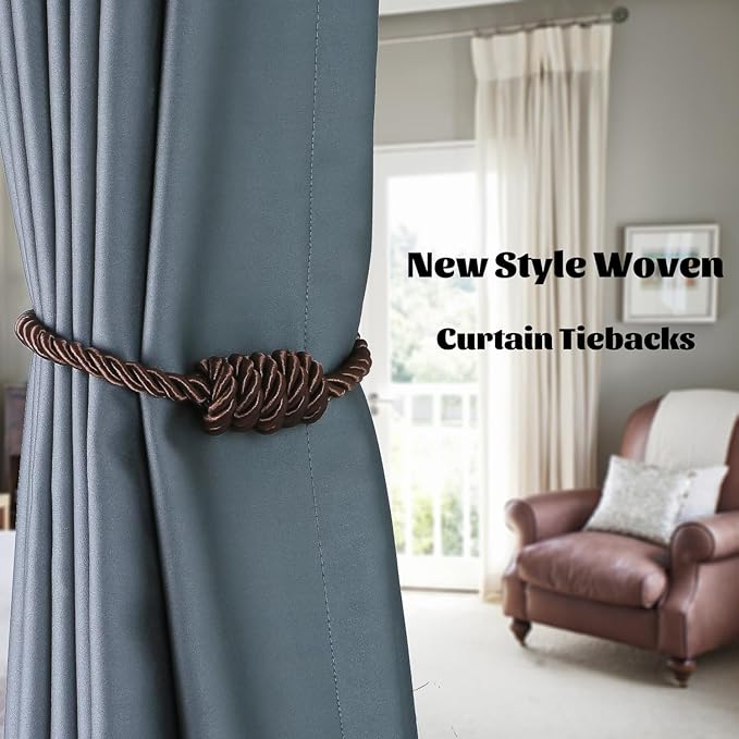 BEL AVENIR Magnetic Curtain Tiebacks, Decorative Drapery Holdbacks Modern Woven Tie-Backs with Exquisite Knot (Coffee, 4 Pack)