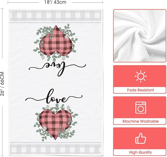 Artoid Mode Pink Buffalo Plaid Heart Love Valentine's Kitchen Towels Dish Towels, 18x26 Inch Anniversary Wedding Decoration Hand Towels Set of 2