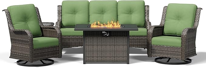 Joyside 5 Piece Wicker Patio Furniture Set with Fire Pit Table, Outdoor Swivel Rocker Patio Chairs with High Back, Deep Seating, Wide Armrest, Thickened Cushions, Outdoor Furniture for Deck, Porch Use