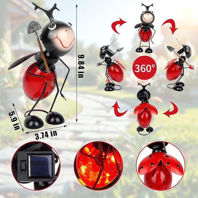 PaLuQiYa Solar Garden Statue Ladybug Decor,Outdoor Decorative Tabletop Lanterns,Outdoor Ladybug Figurines Decorations for Patio Yard Lawn Ornaments,Birthday Gifts for Mom Women Grandma