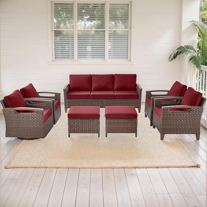 Rilyson Wicker Outdoor Patio Furniture Set - 7 Piece Patio Conversation Sets with Swivel Rocker Chairs, Chairs, Ottomans and Sofa, Thick Cushions, Waterproof Wicker, for Porch Deck Brown/Red