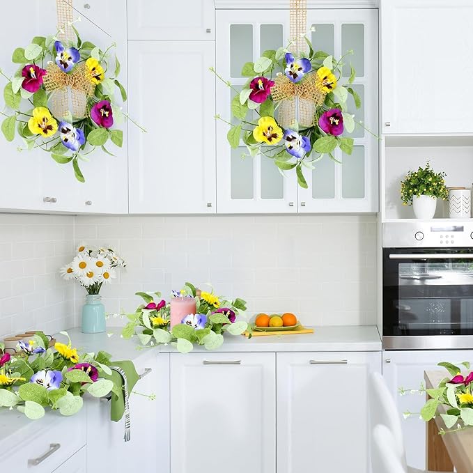 4 PCS Mini Spring Summer Kitchen Cabinet Wreaths Small Pansy Flowers Wreath for Front Door with Fern Branches Ribbon Small Flocked Lamb Ear Leaves Wreath for Indoor Outdoor Farmhouse Porch Wall Decor