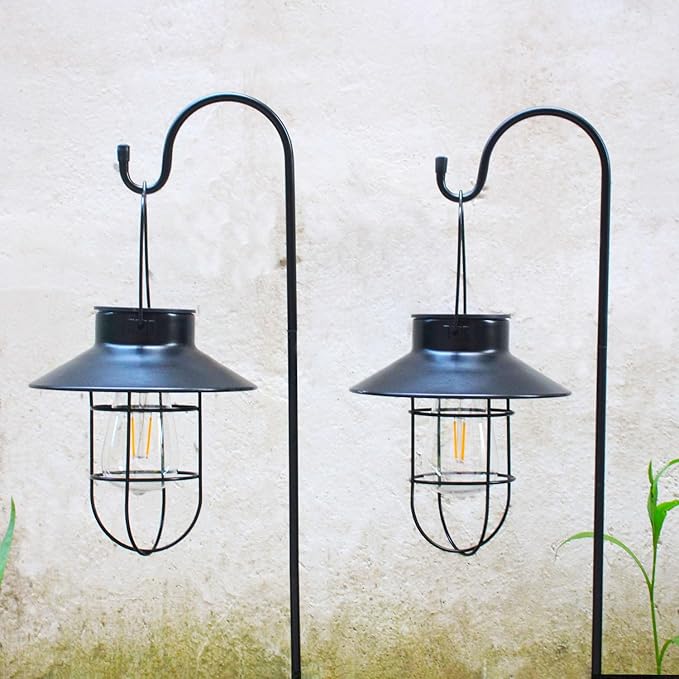 2 Pack Solar Lanterns ,Outdoor Waterproof Solar Lamp with Shepherd Hook, Metal Edison Bulb Lights Gifts for Gifts for Women/Mom Garden Outdoor Pathway Decor (Black)