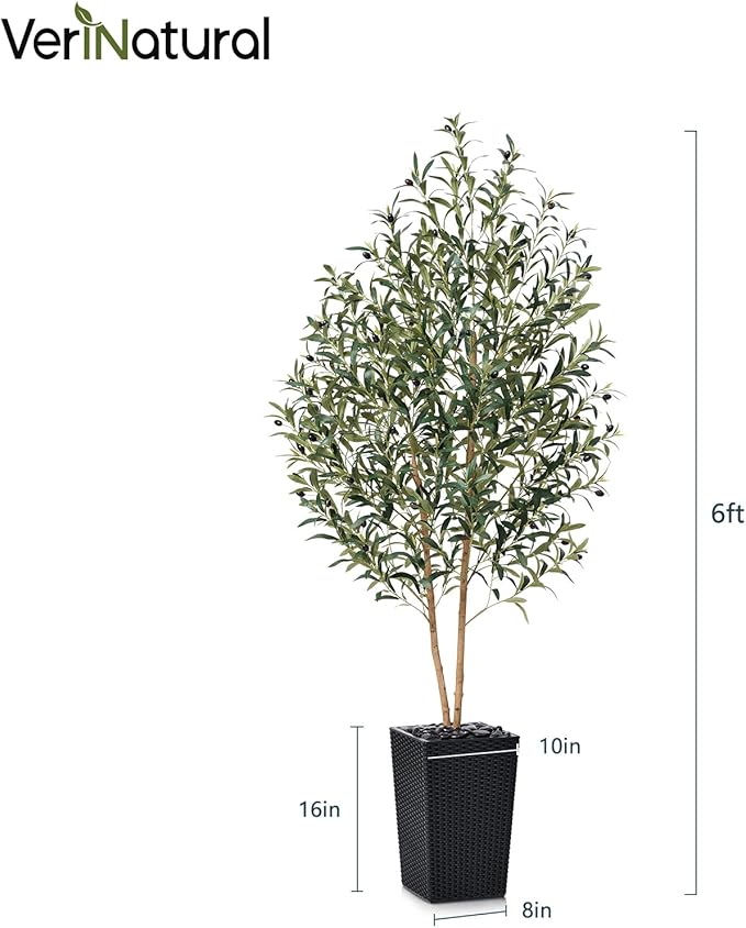 VeriNatural Artificial Olive Tree 6FT - Tall Faux Olive Trees with Natural Wood Trunk, Silk Leaves, Brown Taper Planter & Pebbles, UV Resistant Fake Plants Indoor for Home Decor, Office,Outdoor,VN131