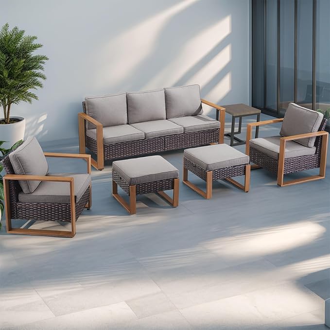 Rilyson Outdoor Wicker Patio Furniture Set - 5 Piece Patio Conversation Set with 2 Wicker Armrest Chairs,2 Rattan Ottoman, 1 Side Table, Sturdy Frame, Thick Cushions, Deep Seating(Brown/Grey)