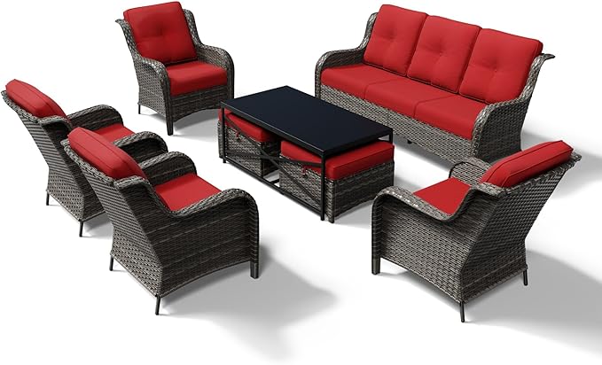 Joyside 8 Piece Wicker Patio Furniture Set, Rattan Patio Chairs with High Back, Deep Seating, Wide Armrest, Thickened Cushions, Outdoor Furniture for Deck, Porch Use