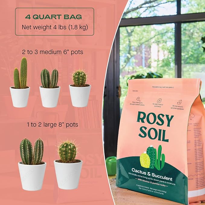 Rosy Soil Biochar Booster 8qt + Cactus & Succulent Potting Mix 4qt Organic Indoor Living Soil Bundle - Peat-Free, Fast Draining Mix with Mycorrhizae, Worm Castings & Biochar for Healthy Root Growth