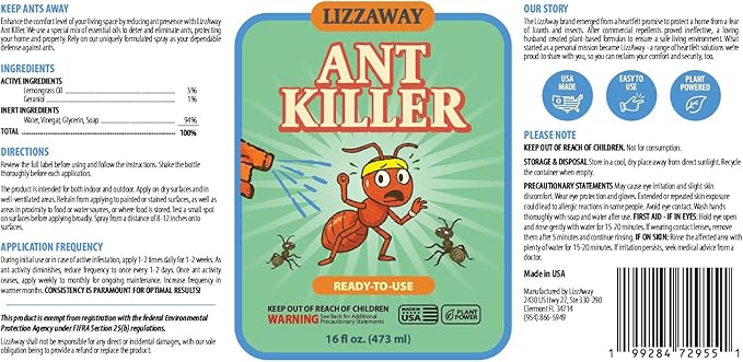 LizzAway Ant Killer Spray Indoor Outdoor Use - Plant-Based Formula with Lemongrass Oil and Geraniol - Kid & Pet Safe Ant Killer Spray - Natural Ants Repellent and Prevention for Home, Car, & Outdoors