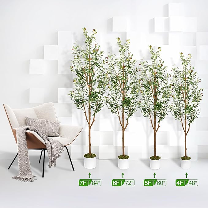 7FT Artificial Olive Tree - Indoor Tall Faux Olive Trees with Planter&Basket, Large Fake Olive Silk Tree Realistic Olive Plants with Branches and Fruits for Home Decor Office Living Room