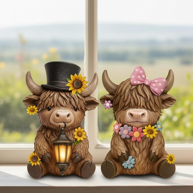 Retisee 2 Pcs Solar Highland Cow Garden Statues Resin Garden Highland Cow Statues with Flower LED Lights Outdoor Funny Solar Light Figurines Decoration for Yard Patio Lawn Gifts for Grandma Mom Women