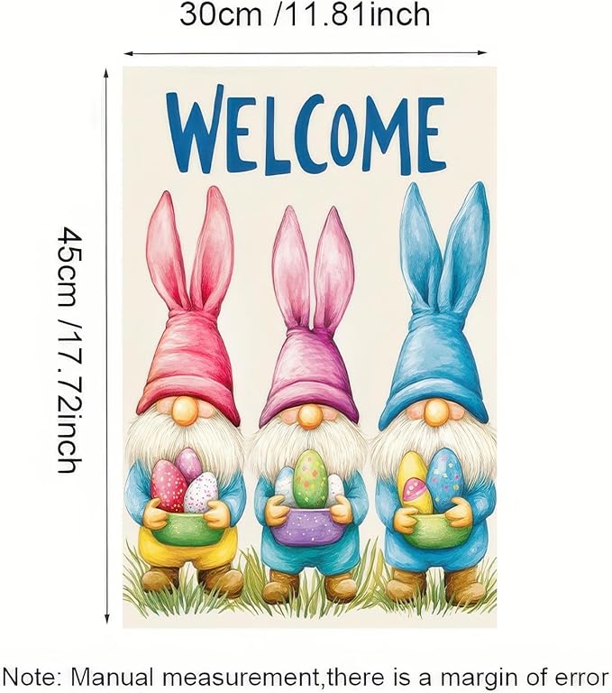 Happy Easter Garden Flag 12 x 18 inch Double Sided Three Cute Gnomes Yard Flag Welcome Easter Colors Egg Garden Flag for Home Lawn Outdoor Decorations