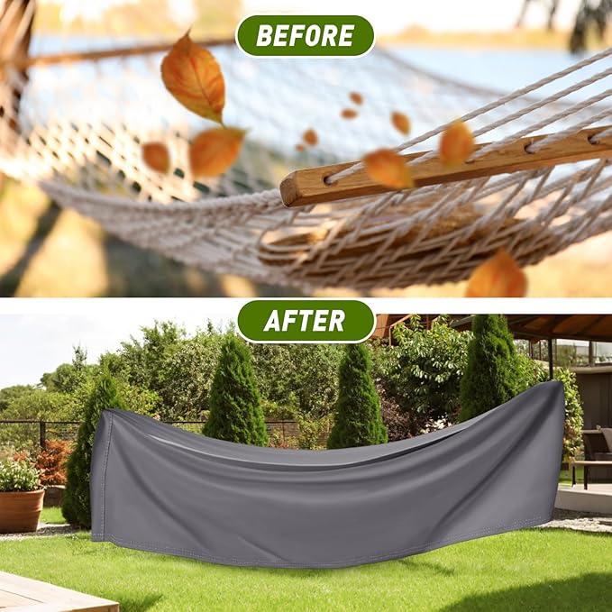 Tranqun 14-15 ft Hammock Cover 188" W x 58" D x 20" H Heavy Duty 420d Oxford Weather Resistant Cover Waterproof Protection for Hammock Stand Outdoor Garden, Buckle Strap, Double Stitched Seams(Gray)