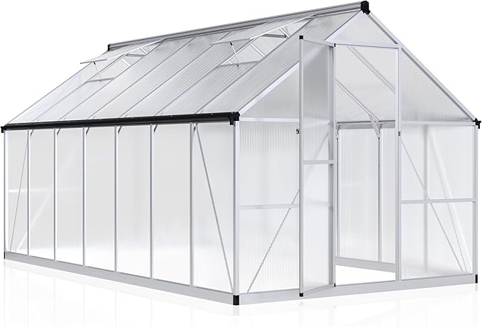 WKM Greenhouse for Outdoors - 8x14 FT, Quick-fit Structure with Window for Ventilation, Polycarbonate Aluminum Frame, Silver