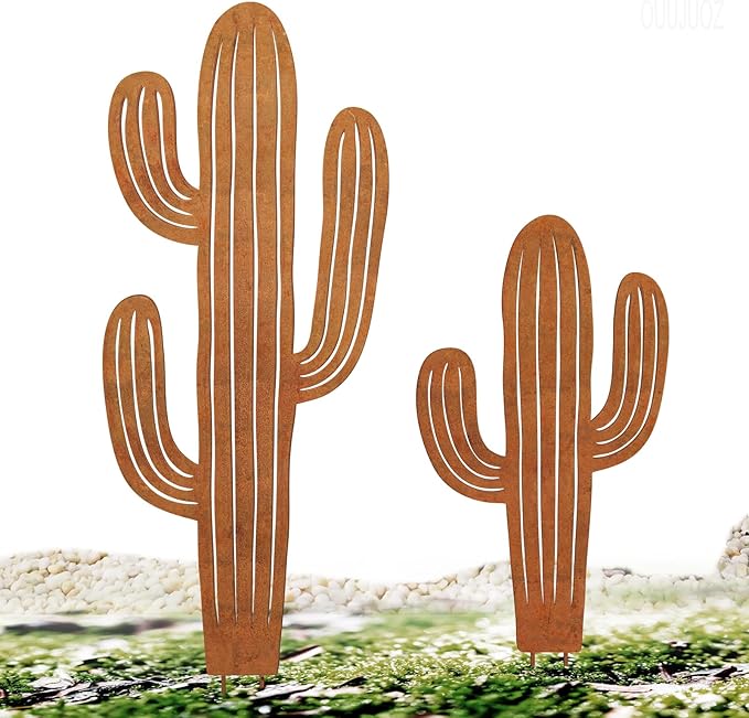 2pcs Metal Cactus Outdoor Decor,Metal Plants Prickly Pear Cactus,Desert Steel Yard Art, Garden Decor、Lawn Decoration