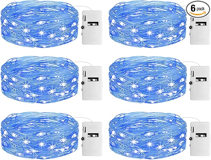 6 Pack Fairy Lights with Timer Battery Operated, 3 Modes 7ft Mini Twinkle Lights Waterproof, 20 LED Bulk String Light for Mason Jars Christmas Decoration Wedding Table Centerpieces,Blue