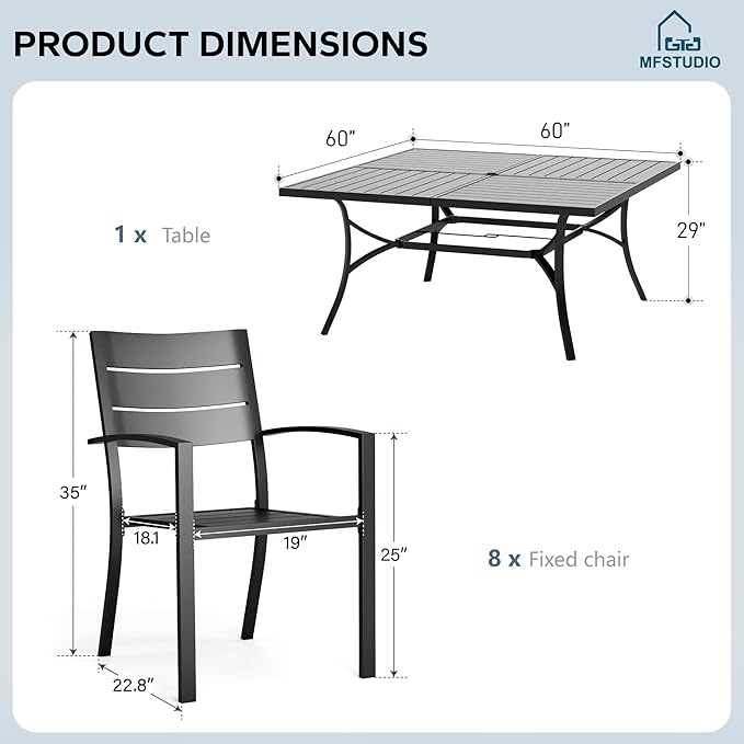 MFSTUDIO Patio Dining Set for 8, Black Metal Patio Table and Chairs Set with Umbrella Hole, 9 Piece Wrought Iron Outdoor Furniture Dining Set for Deck Backyard Garden