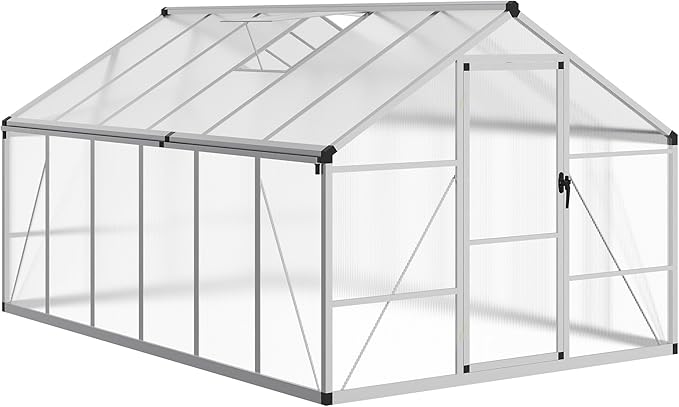 8X12 FT Greenhouse for Outdoors, Large Walk-in Polycarbonate Greenhouse Kit, Aluminum Frame, Lockable Door, Roof Vent, Ground Spikes, for Garden, Patio, Backyard, Outdoor Plant Growth
