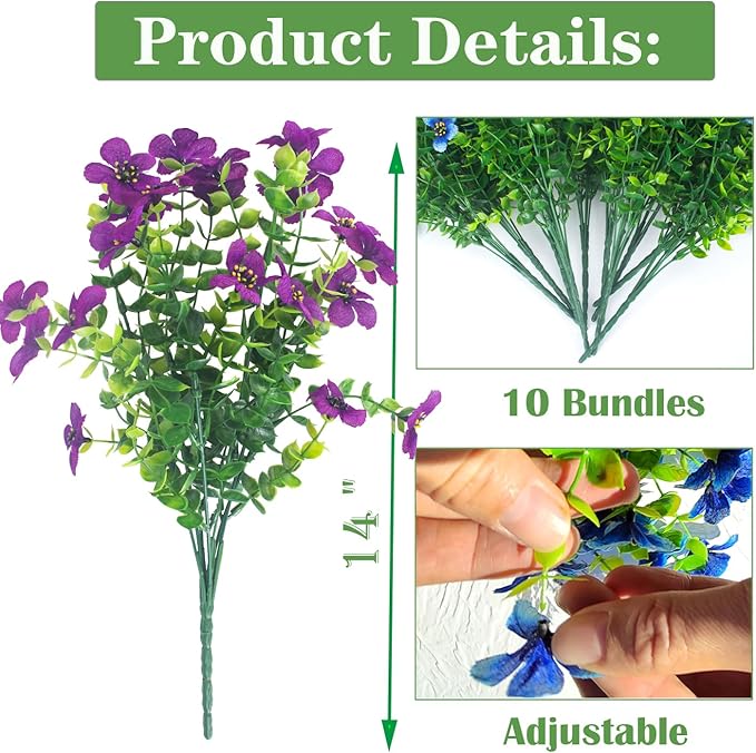 Grunyia 10 Bundles Artificial Flowers Outdoor UV Resistant Fake Flowers No Fade Faux Plants Garden Porch Window Box Decorating (Light Purple)