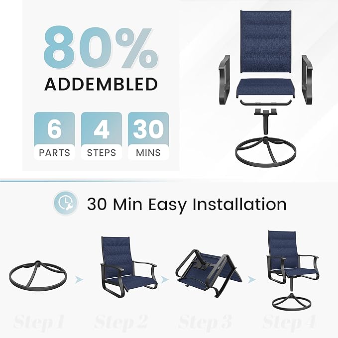 Patio Swivel Chairs Set of 4, Outdoor Dining Chairs with High Back, 360° Swivel Rocker Chair in All-Weather Padded Textilene & Metal Frame for Garden, Porch, Backyard, Balcony(Padded Navy)