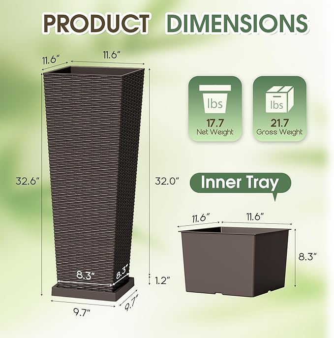 Set of 2 Tall Plastic Planters with Saucer, 32 Inch Height Pots with Drainage Trays, Brown