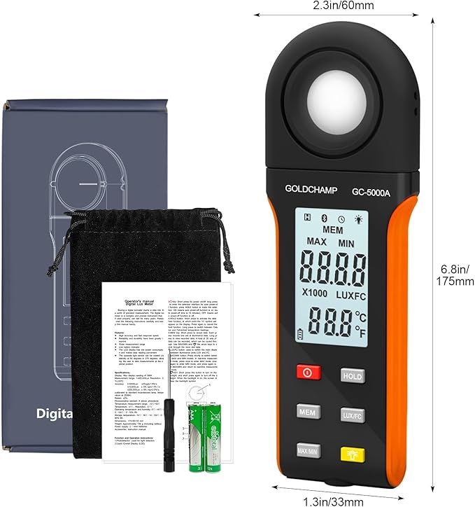 Digital Light Meter, Handheld Lux/Foot Candle Meter Range up to 400,000 Lux, 270º Rotated Sensor, Data Retention, Temp (℃/℉) with Data Logging for Plants LED Lights, Aquarium, Schools, Offices