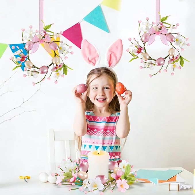 6 PCS Small Easter Wreaths for Kitchen Cabinet Mini Artificial Easter Egg Flower Wreath for Front Door Spring Summer Hanging Wreath with Pink Ribbon Berry for Home Porch Wall Window Farmhouse Decor