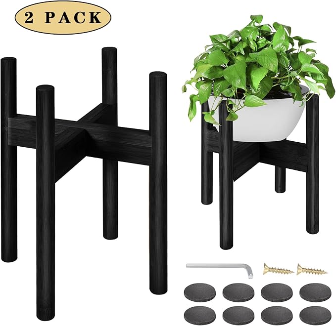 FJO 2Pcs Adjustable Plant Stand Indoor - Bamboo Plant Stands, Bamboo Mid Century Modern Plants Stands, Plant Holder for Living Room Fits 8 to 12 Inches Pots(Pot & Plant Not Included) (Black)