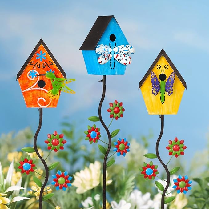 51” Bird Houses Stake for Outside, Metal Wild Bird Feeder Birdhouse Stake Pole with Dragonfly Design Outdoor Decorations for Patio, Backyard, Garden
