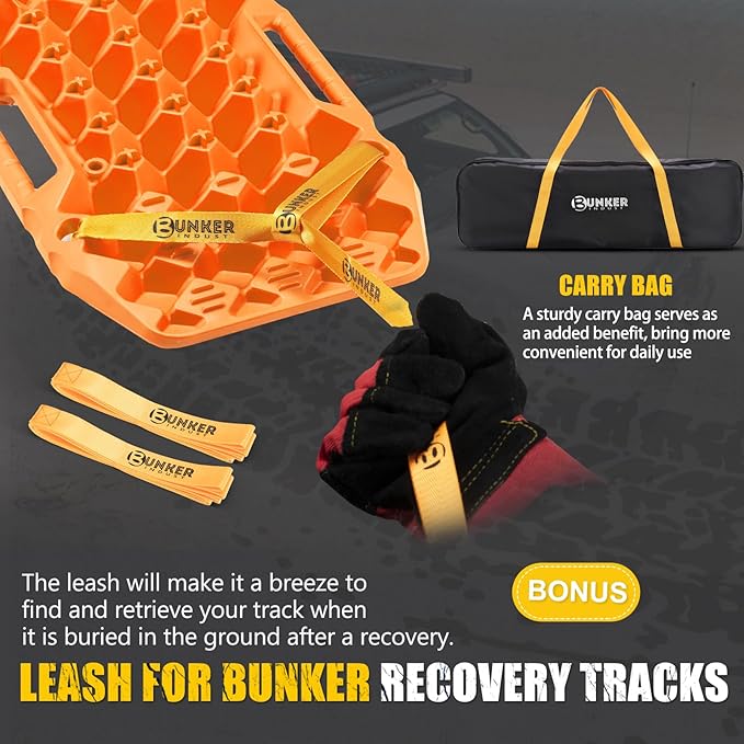 BUNKER INDUST Off-Road Traction Boards with Jack Base,Pair Recovery Track 4X4 Jeep Truck Emergency Tire Traction Mat with Bag -Sand, Mud, Snow Tracks Orange Traction Pad (Gen 7th)