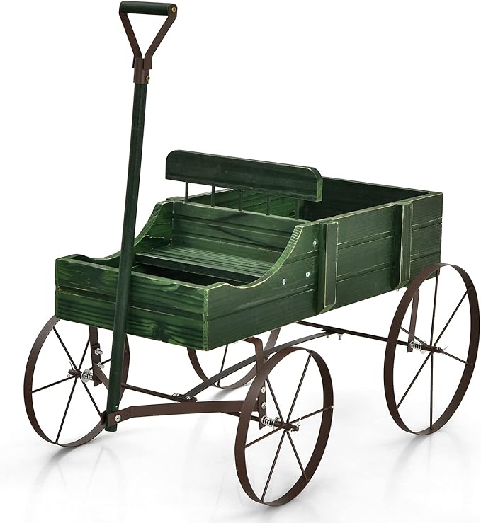 Giantex Small Wagon Planters for Outdoor Plants, Decorative Garden Bed with Metal Wheels, Wood Raised Beds Plant Pot Stand for Backyard Garden Patio 24.5"x13.5"x24" (Green)