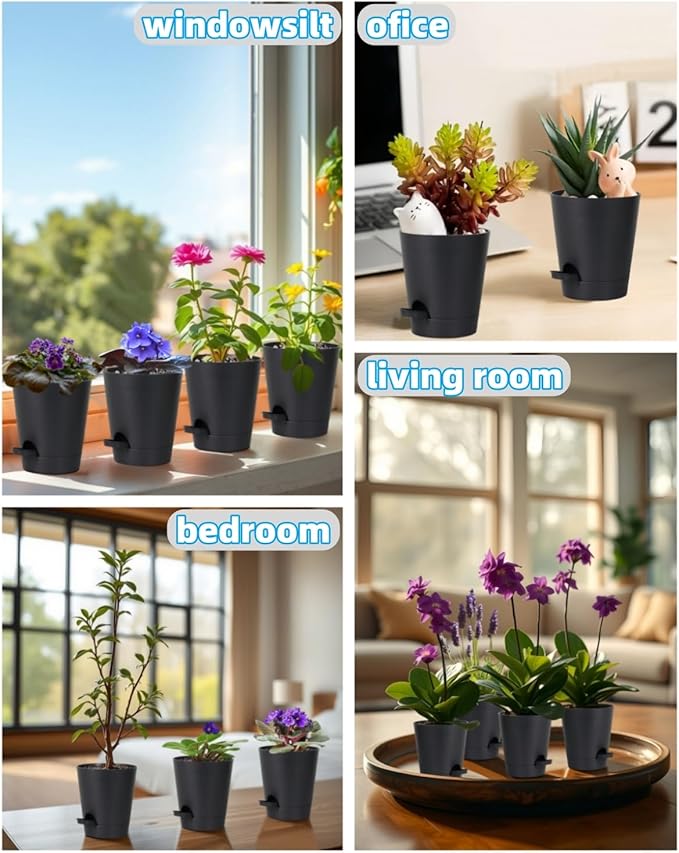 zople 12 Pack 4 Inch Self Watering Plant Pots with Drainage and Saucers,Plastic Flower Pots for Indoor and Outdoor Plants, Nursery Planters for Houseplants and Herbs Black, 4 inch 12pcs