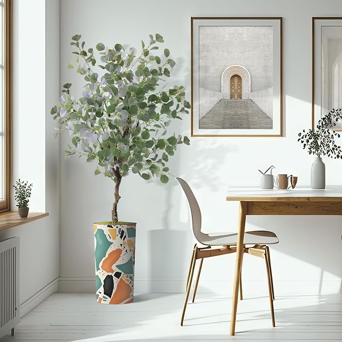 Artificial Tree in Modern Geometric Pattern Planter, Fake Eucalyptus Silk Tree for Indoor and Outdoor Home Decoration - 66" Overall Tall (Plant Pot Plus Tree)