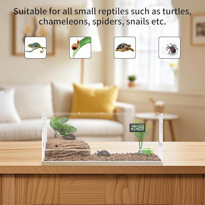 Giznzg Acrylic Tarantula Enclosure, Reptile Terrarium Breeding Tank w/Temperature Hygrometer,Habitat Reptiles Feeding Box Isopod Terrarium Cage for Insect Lizard Home Office (Reptile-Tank-L(Tray))