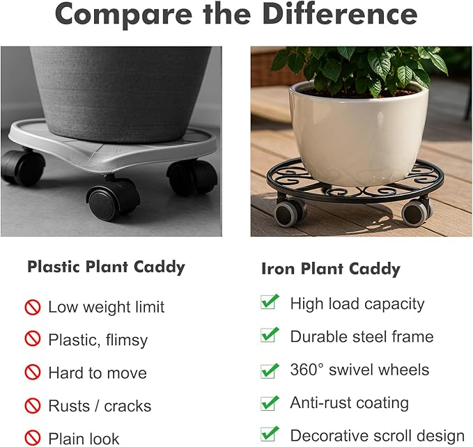 3 Pack Plant Caddy with Wheels Heavy Duty 13.5 Inches Metal Plant Stand with Wheels Plant Dolly Rolling Plant Stand Plant Roller with Casters for Indoor and Outdoor, Black