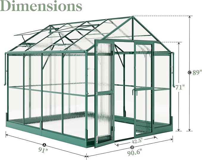 Jocisland 7.5x7.6x7.4 FT Outdoor Aluminum Polycarbonate Greenhouse with Ventilation and Rain Gutter, Double Swing Doors with Hook, Walk in Greenhouse for Outdoors, Backyard, Garden (Green)