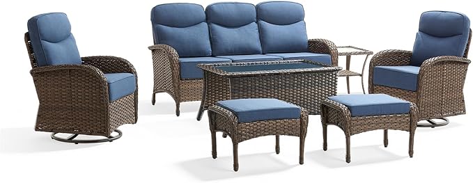 Outdoor Swivel Rocking Chair Patio Set (7-Piece), High-Back - Thick Cushion Swivel Rocking Chair Patio Set, All-Weather Wicker Patio Furniture Set, Suitable for Balcony Patios, Brown/Blue