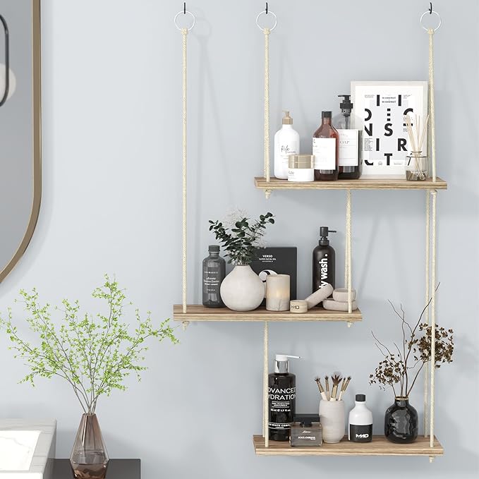 Fixwal Hanging Plant Shelves for Wall, 3 Tier Boho Wall Decor Plant Rack Floating Shelves Rope Rustic Wood Organizer Storage Hanger for Aesthetic Home Bedroom Kitchen Bathroom- Rustic Brown