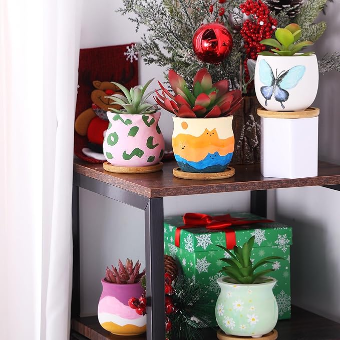 Remerry 6 Pcs 3.5 Inch DIY Ceramic Succulent Pots for Painting Figurines Paint Craft Kit Unpainted Ceramic Bisque Paintable Flowerpots with Drainage Hole Ready to Paint