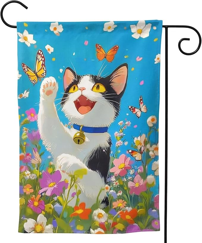 Cat Flower Garden Flag Vertical Double Sided Outdoor Yard Flags 12.5x18 Inch Burlap Banners for House Lawn