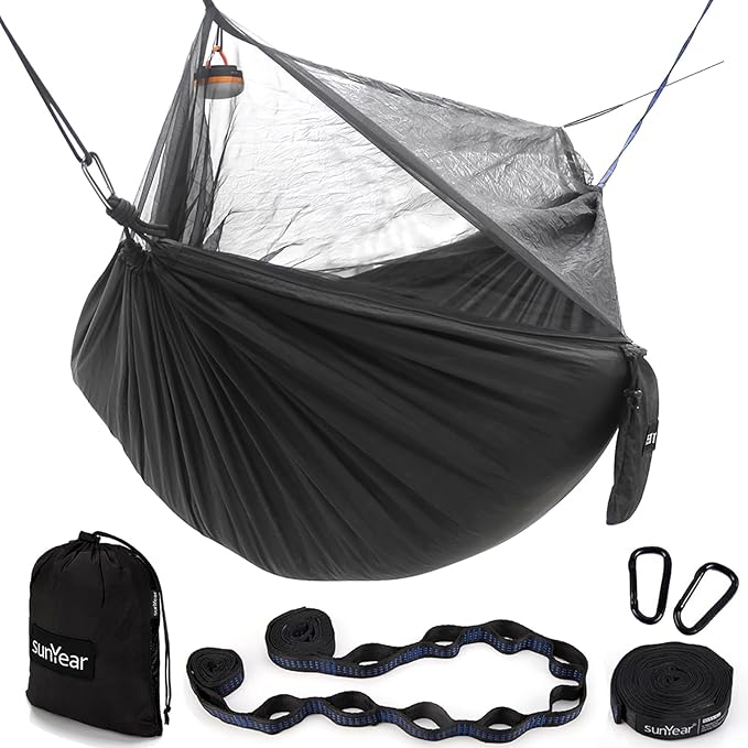 Sunyear Hammock Camping with Rain Fly Tarp and Net, Portable Camping Hammock Double Tree Hammock Outdoor Indoor Backpacking Travel & Survival, 2 Tree Straps,100% Waterproof