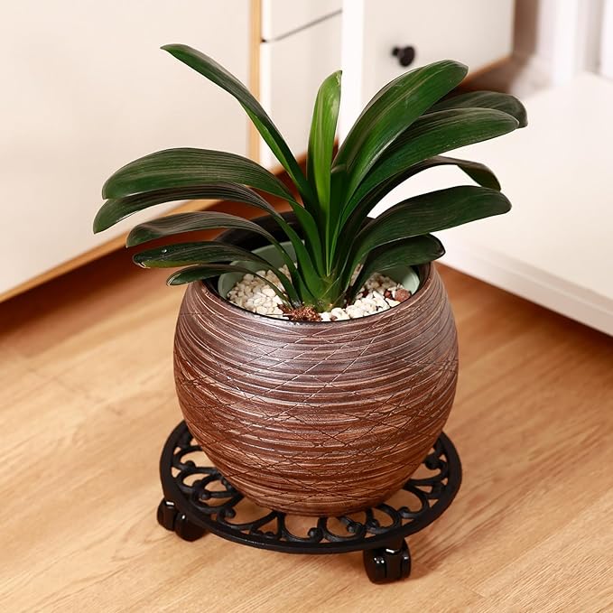 2 Packs 11 Inch Rolling Plant Stand with Wheels Wrought Iron Rolling Plant Stand with Casters Heavy Duty for Indoor Plants Rollers with Plant Saucers, Metal Round Plant Dolly