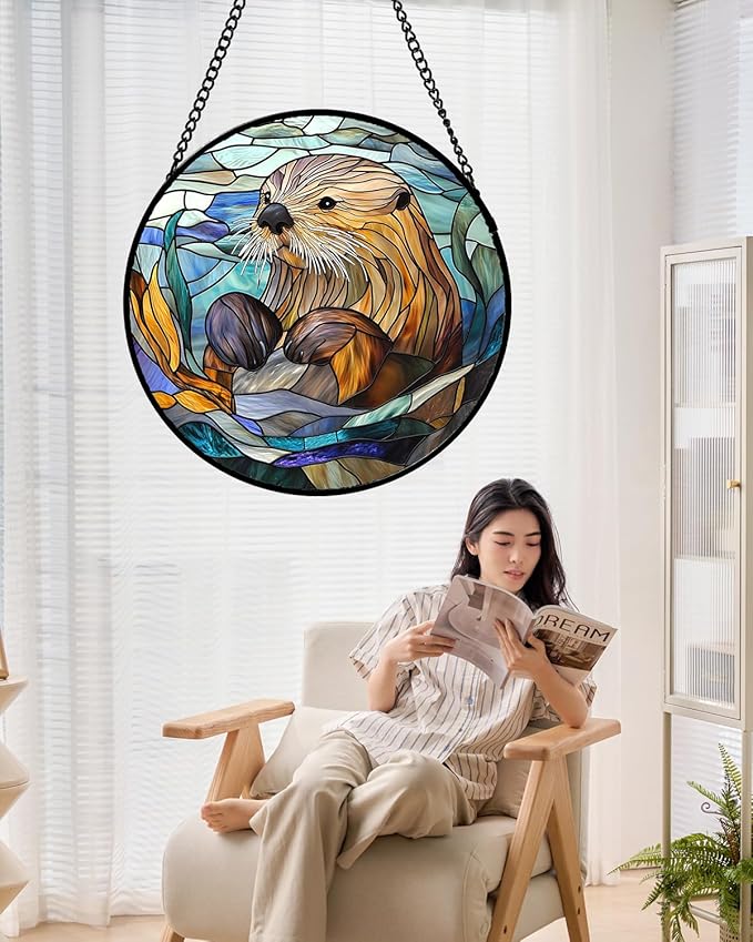 AMDERVEN Stained Glass Suncatcher, Blue Ocean Cute Sea Otter Sun Catcher Stain Glass Window Hanging Decoration Mother's Day Birthday Gifts for Women Men Mom Nana 7.8 in