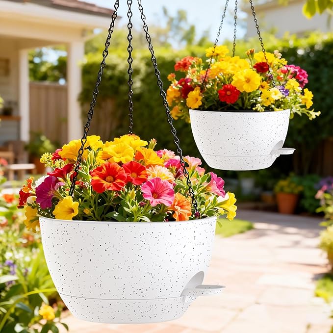 SQKH 10 Inch Hanging Baskets 2 PC with Chains, Self-Watering Hanging Planters for Indoor Outdoor Plants, Plastic Hanging Flower Pots,Speckled White