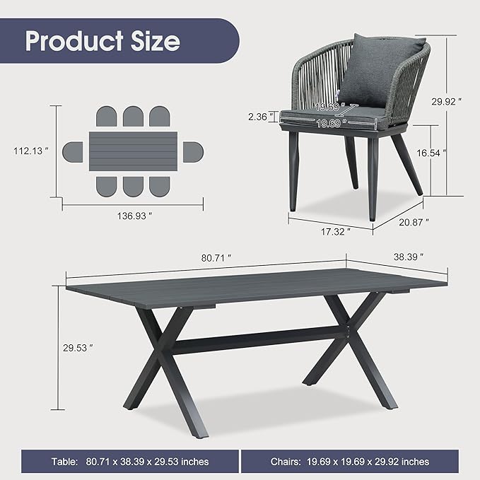PURPLE LEAF 9 Pieces Patio Dining Set Wicker Outdoor Furniture Rectangular Table and Chairs Set for Garden Deck Aluminum Frame Backyard Kitchen Set, Cushions and Pillows Included Grey