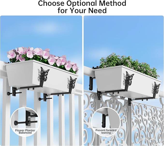 4 Pack Window Box Brackets, Adjustable Planter Box Brackets, Universal Flower Box Bracket for Deck Railing, Heavy Duty Railing Planter Bracket for Balcony, Fence and Garden - Black