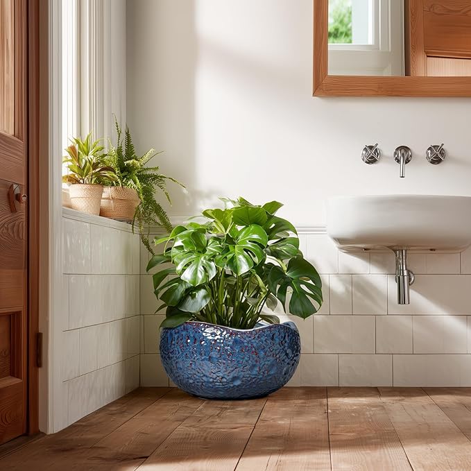 Thirtypot Bonsai Pots - 13 Inch Large Ceramic Planter for Indoor Outdoor, Round Decorative Plant Pots with Drainage Hole, Modern Unique Flower Pots, Patio Decor, Housewarming Gifts, Retro Blue