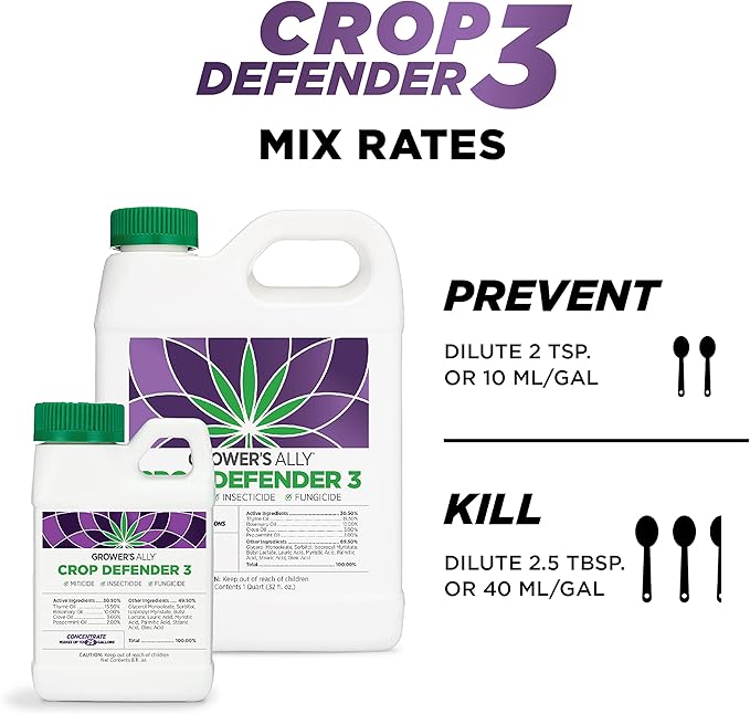 Grower's Ally Crop Defender 3 Concentrate - Natural Miticide, Insecticide, Fungicide Control for Plants - OMRI Listed Garden Safe Spray Killer for Powdery Mildew & Mites - 8 Oz, Makes 25 Gallons