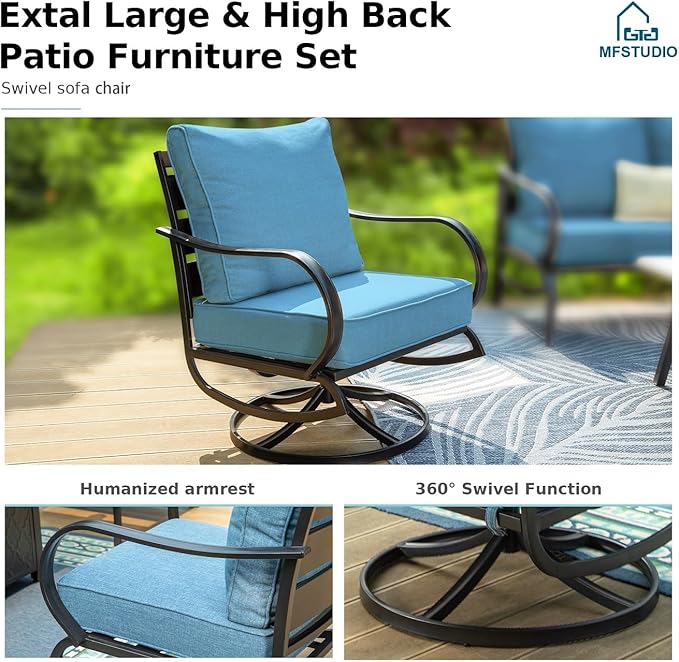MFSTUDIO 6 Pieces Metal Patio Furniture Sets, 2 Swivel Chair, 1 Deep Seating 3-Seat Sofa, 2 Ottoman & 1 Marbling Coffee Table, All Weather 7 Seats Outdoor Conversation Set for Garden Backyard, Navy
