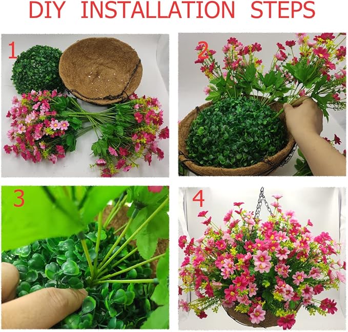 Lamsze Artificial Faux Hanging Plants Flowers Basket for Summer Autumn, Colorful Daisy Flowers Eucalyptus UV Resistant Look Real for Outdoor Outside Porch Decoration